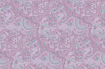 Seamless Ornamental Pattern with Paisley Motifs and Floral Elements in a Calm Color Palette