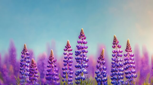 Purple lupine flowers rise in a sunlit field beneath a clear blue sky creating a tranquil dreamy spring scene