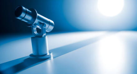 Fototapeta premium A futuristic telescope on a sleek surface with a bright light source