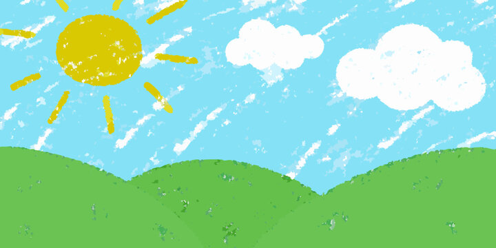 A child s drawing depicts a bright sun fluffy clouds and rolling hills
