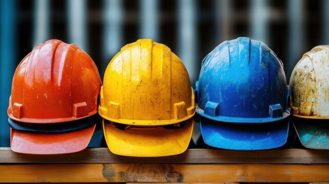 Four worn colorful construction hard hats lined up on a wooden beam conveying safety, teamwork and readiness at a worksite