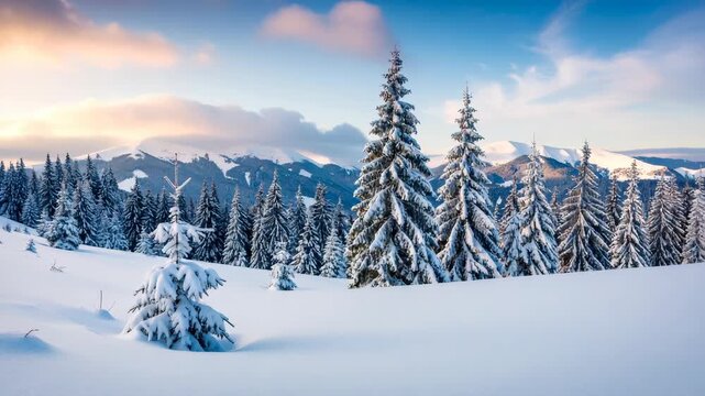 Snow covered pine trees in winter mountain forest landscape at sunset under blue sky