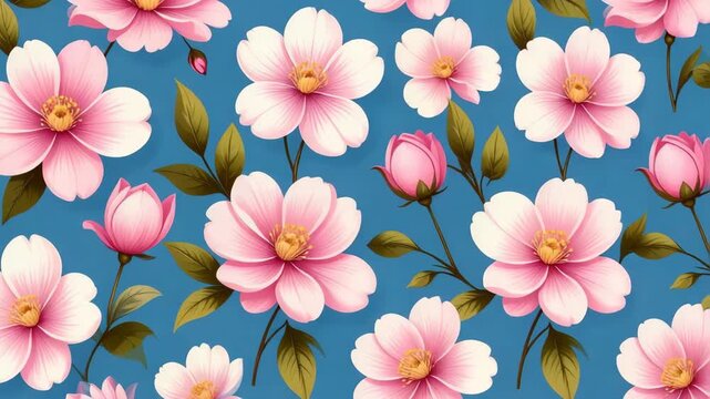 Seamless pattern of blooming pink cherry blossom flowers with green leaves on a vibrant blue background