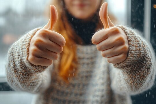 Person in a chunky beige knit sweater giving two thumbs up through a rain-speckled window, radiating warmth and positivity.