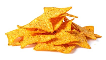 Fototapeta premium A close-up shot of a pile of crispy, triangular, seasoned chips, scattered atop a plain white backdrop. The chips have a savory, spicy appearance