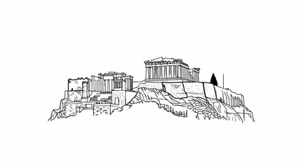 Fototapeta premium Stylized outline sketch of ancient structures atop a rocky hill