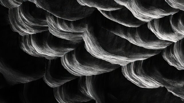 Monochrome layered canyon-like rock formations with flowing striations and dramatic light and shadow, evoking serenity and mystery