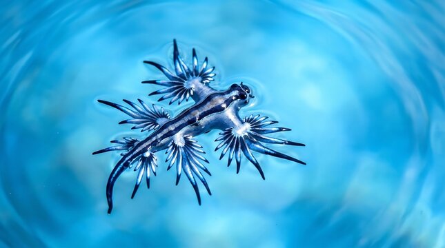 A blue sea slug floats on the surface of bright blue water, showcasing its delicate cerata extensions.