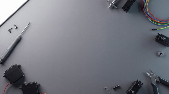 Robotics engineering components on a gray surface with copy space for technology and automation concepts