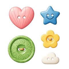 Fototapeta premium Colorful Plastic Buttons In Heart, Star, Flower, And Cloud Shapes On Black Background For Design Elements