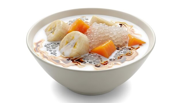 Bowl of Thai tapioca pudding with banana and papaya in coconut milk