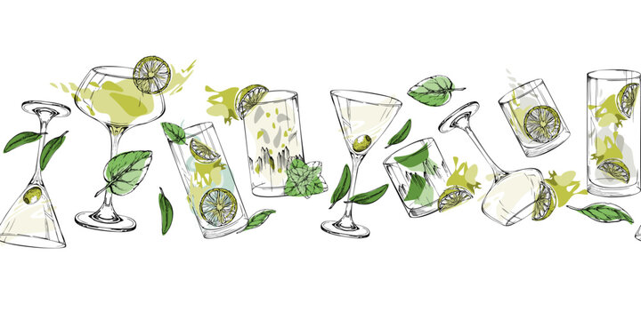 Repeating vector banner of lime and mint clear cocktails with clean ink outlines and color hints. Isolated strip for web headers, packaging ribbons, menu dividers, digital borders, themed print sets.