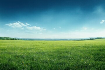 Fototapeta premium Expansive green meadow dotted with yellow wildflowers beneath a vast blue sky with soft clouds and distant tree-lined rolling hills, peaceful and serene