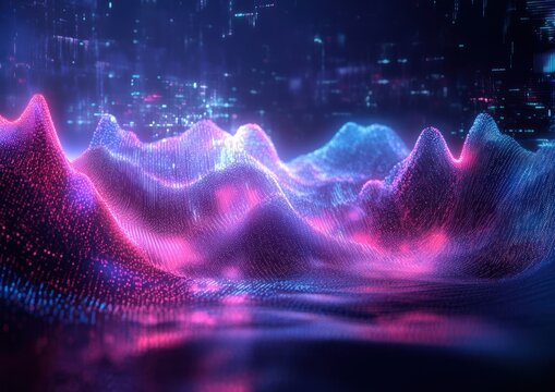 glowing neon digital wave landscape of pink and blue particle grid with rising peaks and shimmering distant city lights, evoking wonder and serene futurism