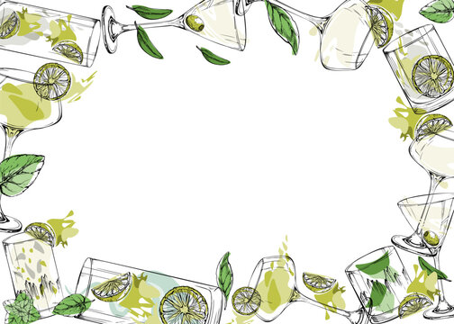 Crisp vector frame of lime-green cocktails in clean outlines. Hand drawn in ink for recipe headers, blog borders, mixology branding, packaging strips, themed stationery and elegant digital edges.