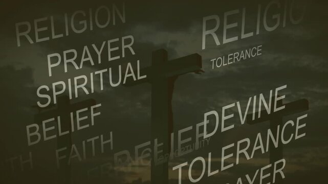 Left-side words emerging and sliding, framing central cross while highlighting spiritual calling
