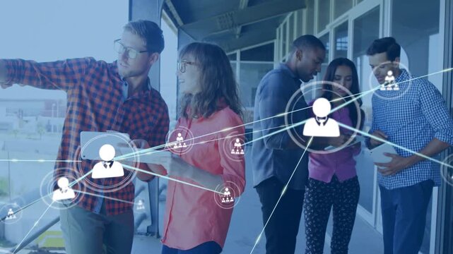 Animated overlay appearing center five teammates pointing, holding tablets, showing network links
