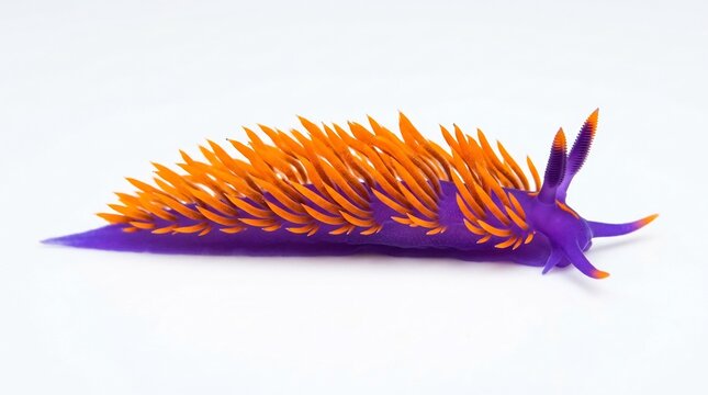 Vibrant purple sea slug with bright orange cerata rests horizontally against a clean white background in profile view.