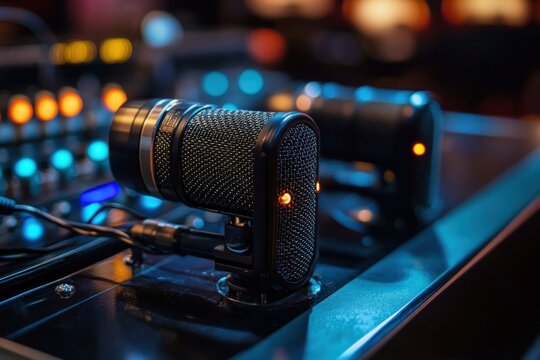 two professional studio microphones on an audio mixing console with glowing orange leds, xlr cables and blurred control knobs in moody blue and warm ambient lighting, focused and atmospheric