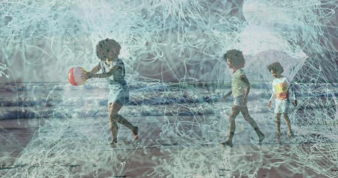Woman and kids walking shore, kid stepping tossing ball, scribble sweeping over trio for family ads