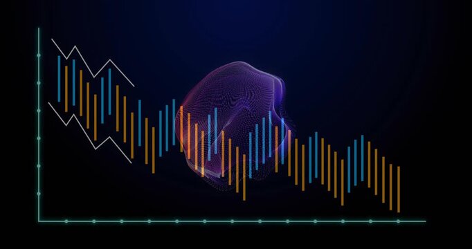 Purple mesh rotating bars appearing, cyan axes shifting bars and zigzag tracing peaks showing tech