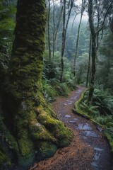 Fototapeta premium moss-covered tree beside a winding stone path through a misty fern-filled forest, tranquil and mysterious atmosphere