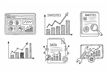Naklejka premium Business Data Analytics and Statistics Icon Set - Hand Drawn Financial Growth Doodles