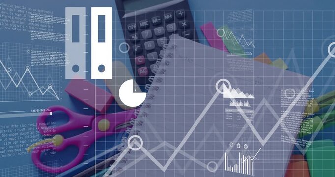 Vertical video: Fading charts animating and growing over notebook on desk, for work with calculator