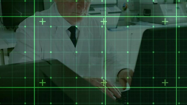 Senior clerk placing paper, typing and adjusting glasses while reviewing screen green grid overlay