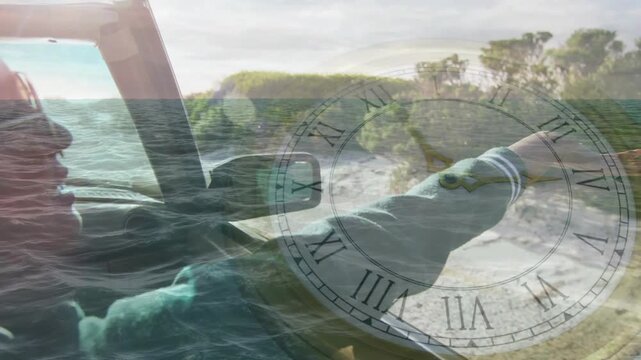 Car moving along coast causing woman reaching and raising arm, clockface wave overlaying travel