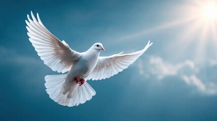 Obraz premium White dove soaring in a bright blue sky with the sun shining