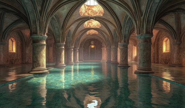 An ancient underground hall with vaulted arches, stone columns, and a tranquil turquoise pool reflecting warm amber lanterns