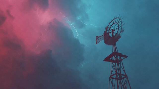 Dramatic storm clouds and silhouette of windmill structure with lightning