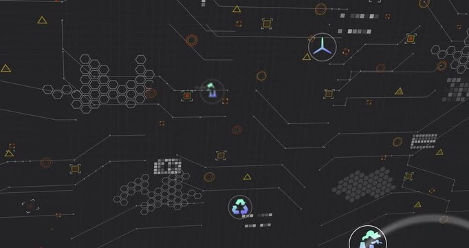 Grid lighting starting, floating badges emerging, shifting forward, revealing decimals showing KPIs