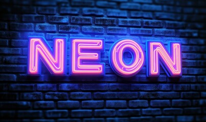 Obraz premium Vibrant pink and purple neon sign reading NEON glowing against a blue-lit dark brick wall, conveying an energetic retro urban nightlife mood