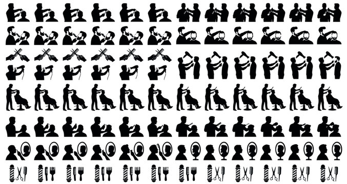 Barbers Hair Stylists Silhouette Set Pack. Editable Vector Illustration. featuring barber, barbershop, haircut, hair, styling, hairdresser, salon, groom, grooming, shave, shaving, beard more.