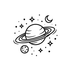 A minimalist black and white illustration of the planet Saturn with its rings, a crescent moon, and stars in a cosmic scene
