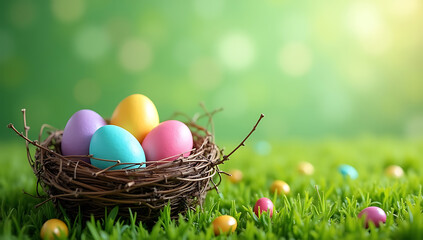 Obraz premium Spring Easter Backdrop with Colourful Eggs in Nest and Wildflowers on Meadow