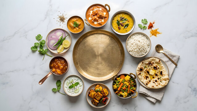 Deconstructed Indian Thali with Traditional Dishes Arranged Artistically Top View