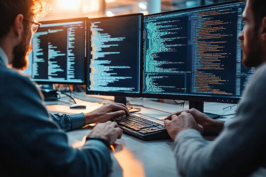 Two developers collaborating at a workstation with three widescreen monitors displaying source code, hands on keyboard and mouse, warm focused teamwork atmosphere