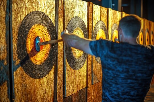 Man pulling axe from bullseye on a row of illuminated wooden targets, focused and satisfied in an indoor axe-throwing range