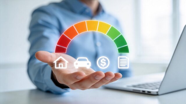Businessman presenting credit score gauge with financial icons,loan approval and personal finance rating concept,risk assessment and banking evaluation dashboard
