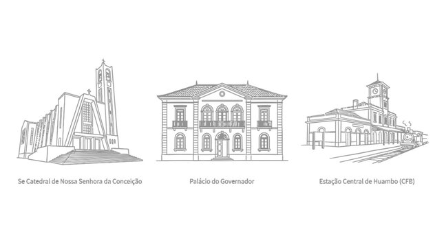 Architectural Landmarks in Black and White Outline