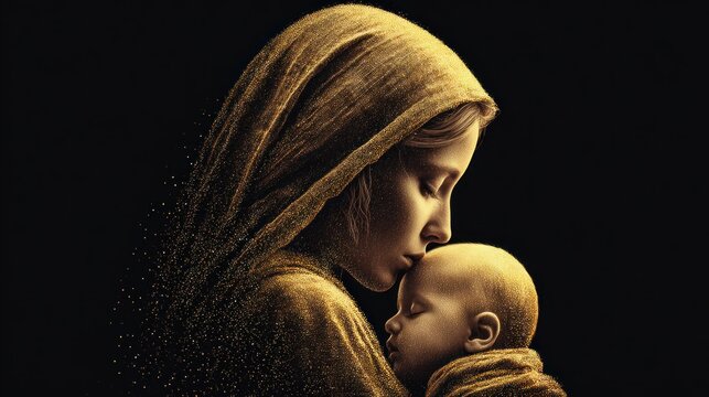 Mother and child in a tender embrace, a golden artistic representation