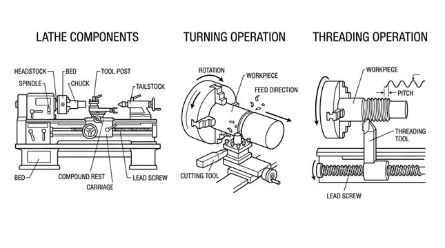 Diagrams of Lathe Machine Components Turning and Threading Operations