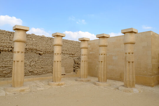 Saqqara, Egypt.  Ancient Egyptian stone columns at archaeological site
