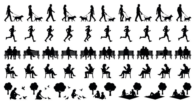 Park Visitors Silhouette Set Pack. Editable Vector Illustration. featuring people, silhouettes, vector, graphic, illustration, design, outdoor, activities, park, urban, leisure, recreation, walk more.