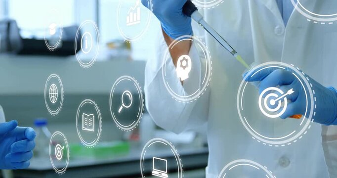 Vertical video: Reaching left gloved hand starting tech drawing vial with pipet for assay, data UI