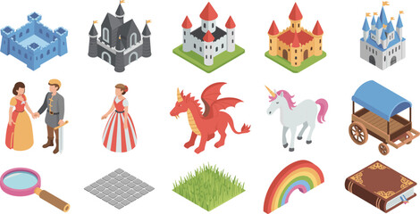 Isometric fantasy kingdom vector set with medieval castles dragon unicorn princess knight magic book and rainbow for game design, © MSTSORIFA