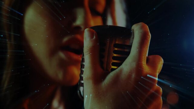 Woman singer bringing mouth near mic singing adjusting grip sparking starburst behind mic for music